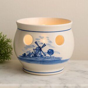 Hand Painted Delft Blue Tealight Candle Holder, Pierced Ceramic Luminary